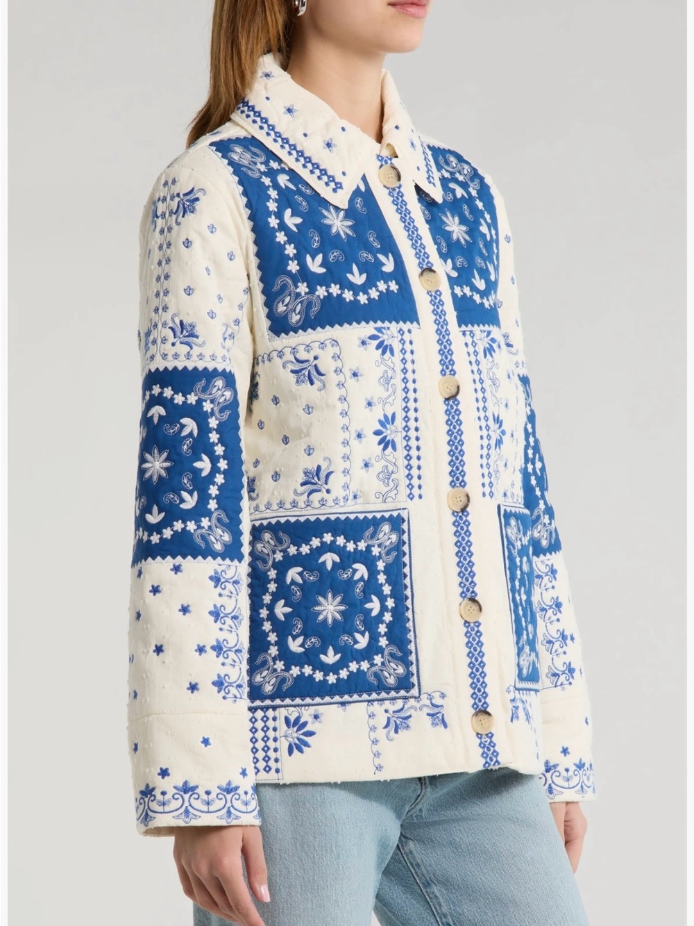 Sezane Smith In Blue Ecru Bandana Embroidered Quilted Floral Jacket Size 40 - Picture 11 of 11